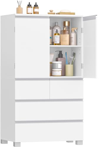 HEXCELEN Armoire de Salle de Bain, Meuble de Rangement, Placard de Cuisine avec 2 Portes avec 4 Tiroirs, Étagères Réglables, Pieds Antidérapants, Blanc, pour Salle de Bain, Salon 30 x 60 x 110 cm