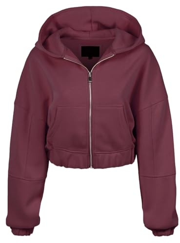 MixMatchy Women's Solid Casual Basic Long Sleeve French Terry Zip Up Crop Hoodie Jacket
