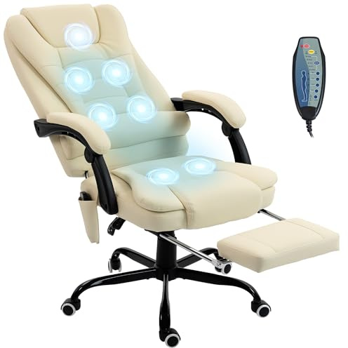Vinsetto Fauteuil de Bureau Massant 7 Points, Chaise de Bureau Ergonomique avec Repose-Pieds Rétractable, Dossier Inclinable 155°, Hauteur Réglable, Pivotant à 360°, télécommande Filaire, Beige