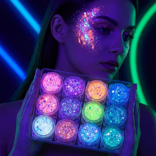 12 Couleurs Festival Paillettes Visage, Fluorescent Paillette et Phosphorescentes dans le Noir pour Corps Cheveux Maquillage Fluo Soirée Carnaval Scène Concert Adultes Halloween Mariage