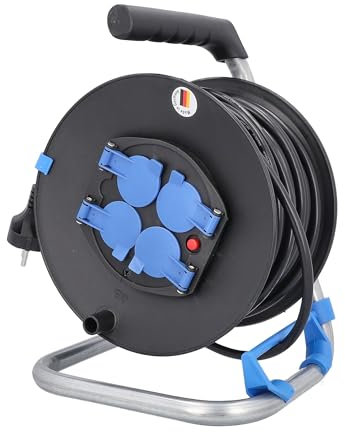 as - Schwabe enrollacables de 50 m H05VV-F 3G1,5-4 tomas con tapas de protección - 230 V / 16 A / 3.500 W - Protección contra sobrecalentamiento - IP20 - Carrete Made in Germany, 10119