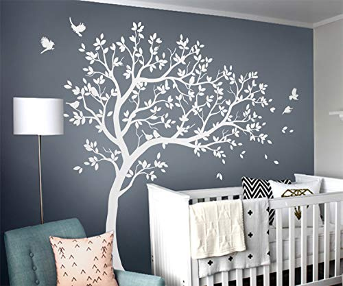 Large Tree Wall Decals Wall Tattoo Large Nursery Tree Decals Wall Mural Removable Vinyl Wall Sticker (Leaning Right, White)