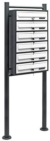 Wiltec Boîte aux Lettres sur Pieds Gris Anthracite/Blanche 513 x 270 x 1500 mm, avec 6 Compartiments verrouillables et Porte-nom, Revêtement en Poudre, pour Courrier