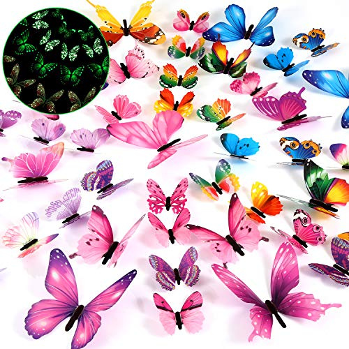 Outus 96 Pcs 3D Butterfly Wall Decor Glow in The Dark Butterfly Wall Decals Stickers Removable Stickers DIY Art Crafts Decor for Ceiling Bedroom Home Garden Party Decorations(Pink, Purple, Mixed)