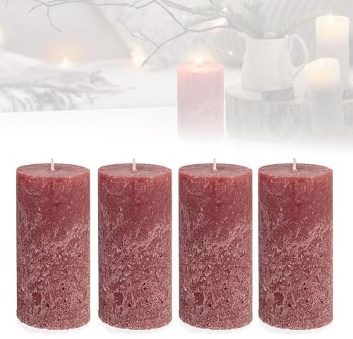 Smart-Planet 4er Set Kerzen Ambiente Rustic Stumpenkerzen - Bordeaux - große Rustik Kerze 12cm - lange Brenndauer ca. 54 Std Weihnachtskerzen Adventskranz