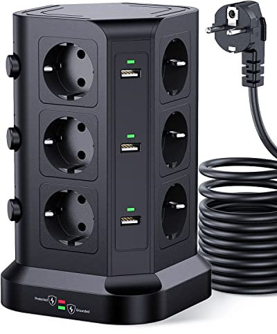 [5M Cable] KOOSLA Regleta Vertical con 12 Enchufes y 6 USB-A,Enchufe Multiple con 3 interruptores Individuales,Cable de 5M,Regleta enchufes Proteccion sobretension,Negro