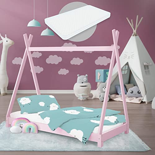 ML-Design Kinderbett Tipi 80x160 cm Rosa mit Matratze & Lattenrost, Indianer Bett aus Massivholz, Kiefernholz, Hausbett für Mädchen & Jungen, Kinderhaus Jugendbett Holzbett Bettenhaus Spielbett Zelt