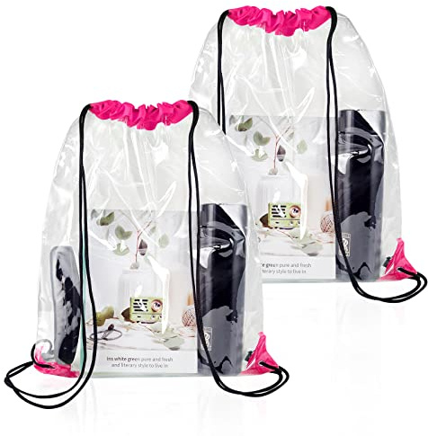 WDFCN 2 Stück Transparent Kordelzugbeutel Transparenter Turnbeutel Rucksack Durchsichtig Sport Rucksack mit Kordelzug für Schulrucksack Gym Travel Strandschwimmen (Rosarot)
