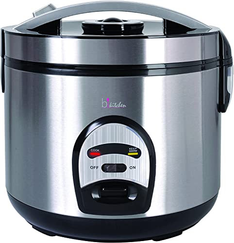 BKitchen Cook 200 Rice Cooker - 4 Litre and 4 Cups Dry Rice Capacity - 700W Electric - Keeps Warm for Serving - Simple Controls - Stainless Steel - Food Steaming