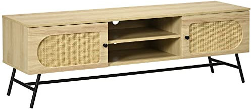HOMCOM TV-Schrank, TV Board mit 2 Fächern, 2 Schränken, Fernsehschrank, Fernsehtisch für TV-Geräte bis zu 60 Zoll, TV Lowboard mit Kabelöffnung, für Wohnzimmer, Natur 150 x 39 x 48,3 cm