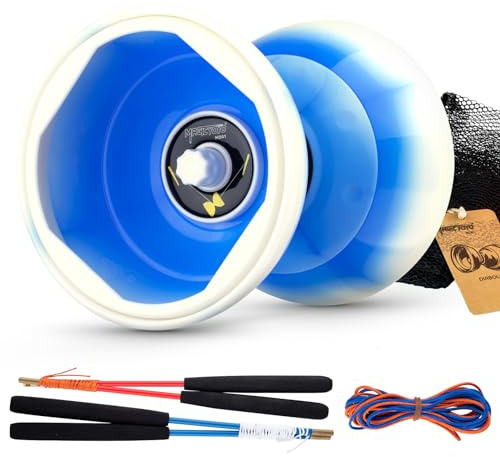 CHEE MONG MD01 Chinese yoyo for Kids and Adults, Professional Triple Bearing Diabolo, 5”Size Diabolo Yoyo Toy with 2 Carbon Sticks, 2 Strings, 1 Drawstring Bag (Blue White)