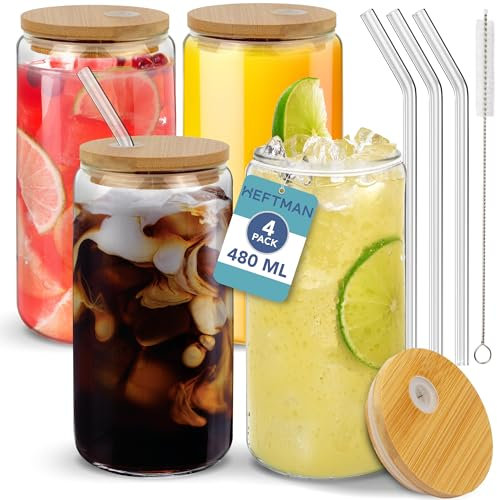 HEFTMAN Glasbecher mit Deckel und Strohhalmen, leere Gläser in Dosenform, 480 ml, mit luftdichten Bambusdeckeln, Glasstrohhalme, 4 Stück, HM3234