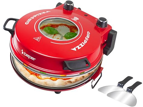 BEPER P101CUD301 Elektrischer Pizzaofen, 1200W, Temperatur 400°C, 31 cm Backplatte, Pizzaofen mit herausnehmbarer feuerfester Platte, Bullauge, Edelstahlschaufeln, Rot
