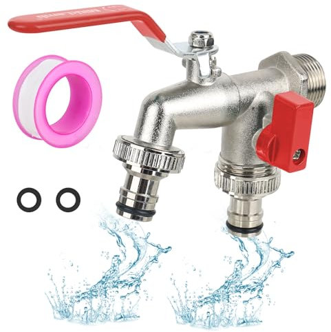 3/4'' Inch Brass Double Water Tap Double Ball Outlet Valve Double Outlet Faucet Double Outdoor Tap -Rust and Frost Resistant + 2 Hose Connections (red).