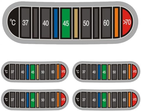 Thermometer Aufkleber Kaffee, 5 Stück Thermometer Streifen zum Aufkleben, Temperatur Indikator Aufkleber Farbwechsel Farbe für Kaffeetasse Milchkännchen, Selbstklebende Thermometer Streifen bis 70℃