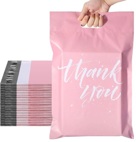 Switory Versandtaschen 10,3X13 (262x330mm) Thank You Pakettüten Umschläge mit Griff, Verpackungstasche für Kleidung, Selbstklebend, Leicht zu tragen, Wasserdicht und reißfest, Rosa, 25 Stück