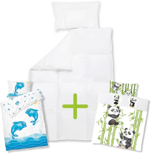 Koru Kids® Premium Kinder Bettdecken-Set - Set mit 2 Kinder-Bettbezügen Delfin & Panda - Daunendecke 100x135 cm mit Kinderkissen 40x60 cm - 100% deutsche Daunen – Baby Bettdecke - Kinderbettdecke