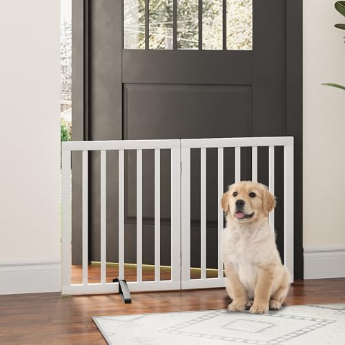 Dog Gates for Doorways, Foldable Dog Gate Indoor, Freestanding Pet Gates for Doorways Bedroom, Puppy Gate with Metal Support Feet, Room Divider 2 Panels (White)
