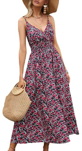 XIVISTO Robe à Bretelles Femme Longue Casual Fleurie Ete Col en V Sexy Boheme sans Manche Elegant Tunique Swing Casual Robe Vintage Dress Vacances Plage