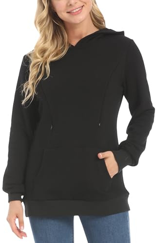 Happy Cherry Sweatshirts de Maternité avec Poches Pull Allaitement Polaire Chaud Blouse Manches Longues Hauts Automne Hiver Noir XXL