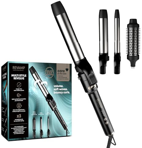 REVAMP Multi Style Revolve 3-in-1 Rotating Hair Curler – Hair Curler Automatic Rotating with 38mm Round Curling Brush Heated, 32mm & 19mm Tongs - Multi Styler for Volume, Soft Waves & Bouncy Curls