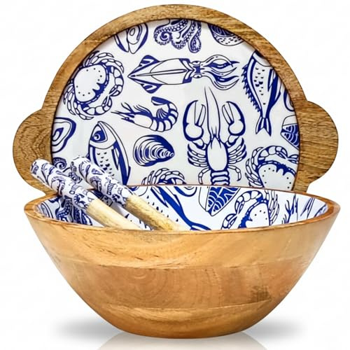 Hartsmede Wooden Salad Bowl 12 – Handmade Mango Wood Serving Set with Lid & Spoons, Food-Safe Enamel Interior, Large Covered Fruit or Salad Dish, Eco-Friendly Rustic Kitchen or Wedding Gift (Ocean)