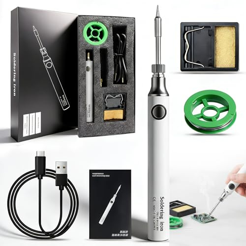 Kit de fer à souder USB sans fil – 3 niveaux de température (330 ℃-450 ℃) avec support et accessoires, sûr et facile pour les réparations électroniques Blanc