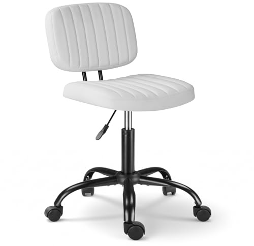Bonnlo Small Desk Chair with Wheels - Height Adjustable Swivel chair with Backrest, PU Leather Armless Chair - for Salon Massage Home Kitchen (White)