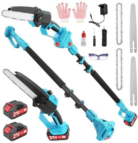 Mini motosierra 2 en 1 de 8 pulgadas con barra telescópica, batería de podadora, motosierra profesional, sierra telescópica con 2 baterías de 3,0 Ah, altura de trabajo de hasta 6,7 pies, para ramas de