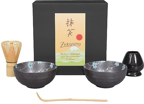 Aricola Matcha-Set 5-teilig, bestehend aus 2 Matchaschalen anthrazit/blau mit Blütendesign, Matchalöffel, Matchabesen und schwarzem Besenhalter in eleganter Geschenkbox. Original