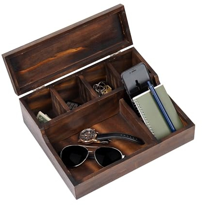 Mind Reader Table de chevet, support de téléphone, organisateur de bureau, rangement d'accessoires cosmétiques, boîte à bijoux avec 7 compartiments, bois brûlé, marron, 30,5 x 25,4 x 11,4 cm