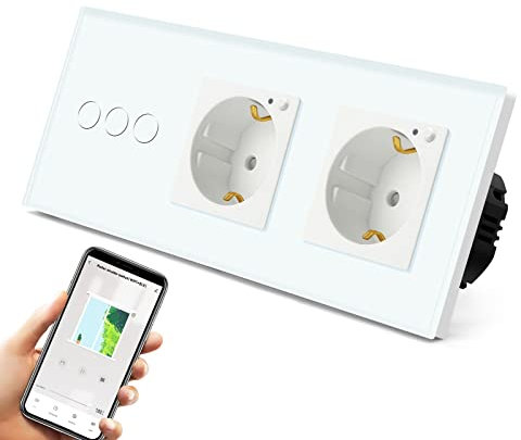 BSEED WiFi Smart Alexa Rollenschalter mit Doppelt Steckdose(Vorhang nicht kompatibel) 2.4 GHz Google Home/Tuya, Glas Touchscreen-schalter Wlan Jalousien Schalter (Neutrale Leitung Benötigt) Weiß