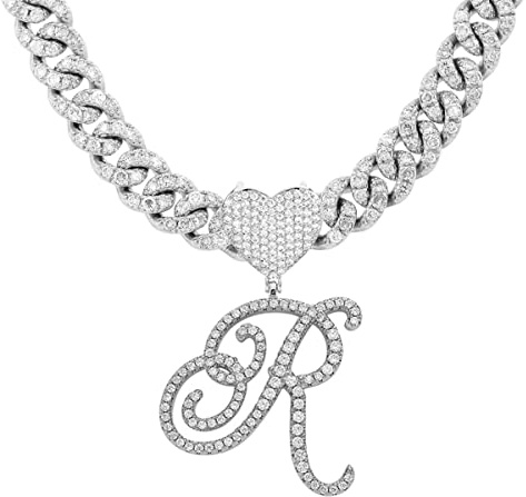 BLBLJERY R Initial Necklaces Silver Cuban Link Chain for Women Iced Out Chain with Heart Letter Pendants Custom Chain Name Necklace Hip Hop Jewelry Gift