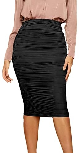 AMABILEMIA Gonna Donna Elegante a Vita Alta Sexy Tubino Midi Elasticizzata Plissettata al Ginocchio Con Pieghe Aderente AM988 (Taglia S, Nero)