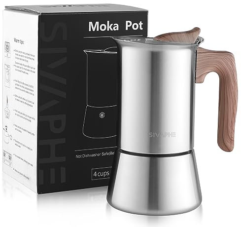 Sivaphe Espressokocher Induktion, Herd Espressomaschine, Edelstahl Espressokanne Mokkakanne Espresso Maker, Aluminiumfrei (4 Tassen 200ML)