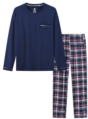 MoFiz Pyjamas för män, långärmade nattkläder, pyjamasset, mjuka, varma pyjamasöverdelar och rutiga underdelar, myskläder med bröstfickor, Svart röd pläd och marinblå, M