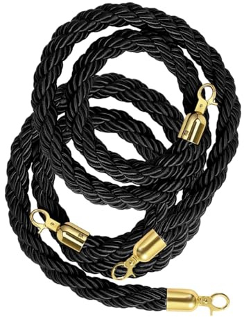 Black Queue Barrier Ropes with Gold/Silver Hooks, Black Stanchion Rope 2/4/5/10Ft, Braided Hemp Rope for Queue Divider Crowd Control Rope Safety Barrier 1/2/3M, Twisted Hemp Rope 1.3in ( Color : Black