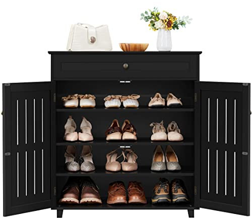 Yaheetech Shoe Cabinet, Wooden Storage Cabinet Organizer with 1 Drawer & 2 Doors, Modern 4-Tier Shoe Rack with Adjustable Shelves for Living Room, Hallway, Bedroom, Black