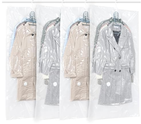 GQC - Sacchetti sottovuoto vestiti da appendere, 4 pezzi, Vacuum storage bags salvaspazio per vestiti, organizer per armadio, Sacchetti vestitii trasparente e riutilizzabile, (4 lunghi 145 x 70 cm)