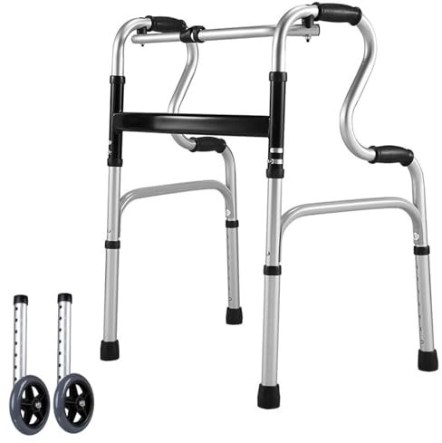 Faltbarer Gehrrahmen für Senioren - Klappbarer Gehrrahmen mit 2 Rädern, 8-fach höhenverstellbarer Aluminium Gehrrahmen, Stabiler Steh-Gehrahmen für ältere Menschen, Gehhilfe mit gestuftem Handlauf