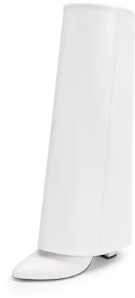 DREAM PAIRS Women's Knee-High Boots, Comfortable Chunky Block Heel Pointed Toe Pull On Side Zipper Suede Slouch Riding Boots SDKB2408W,Size 9,White-Pu,SDKB2408W