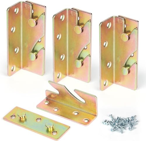 SWAWIS 4er Set Bettverbinder Bettbeschläge Bettgeländer Bettwinkel Schwerlast zum Einhängen Einhängebeschlag für Bettgeländer Bettrahmenprojekt Metall Gelb Chromatiert