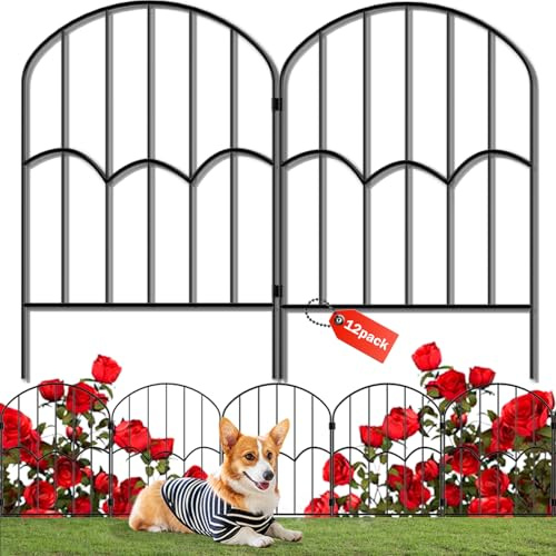 12 Panels Decorative Garden Fence Dog Fence Outdoor for Yard 13ft (L) X 2ft (H) Black Animal Barrier with No-Dig Stakes Arched Rustproof Metal Wire Decorative for Flower Landscaping and Garden Edging