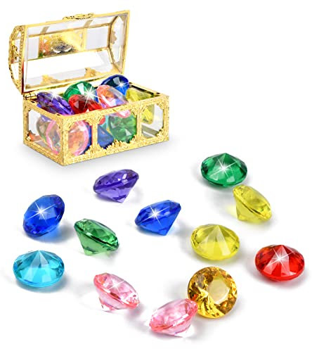 Amexo Tauchjuwel Pool Spielzeug, 12 Stück Bunten Acryl Tauchjuwelen mit Schatzkiste Tauchspielzeug Edelstein Unterwasser, Edelsteinen aus Kunststoff Schwimmbad Spielzeug für Party