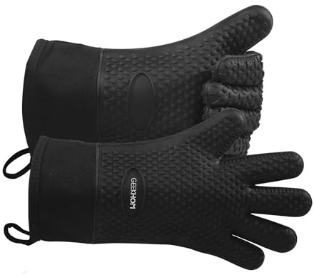 BBQ Gloves X-Large: GEEKHOM Heat Resistant Kitchen Silicone Oven Mitts, Waterproof Oven Gloves, BBQ Grill Accessories for Baking, Fryer, Smoker, Weber, Pizza, Microwave, Non-Slip, Black