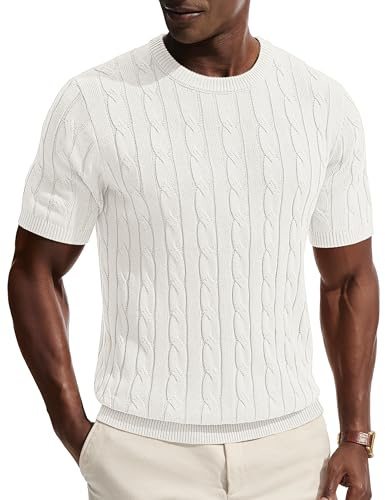 PJ PAUL JONES Men T-Shirts Crewneck Tee Shirts Cable Knit Tees Short Sleeve Casual Pullover Tshirt White