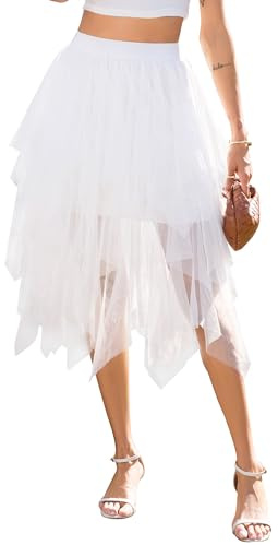 Sopesil Jupe Tulle Femme Jupe Ballerine Élastique à Volants Multiniveaux et Design Asymétrique Jupe Midi Transparente et Bouffante pour Soirée Taille S-3XL