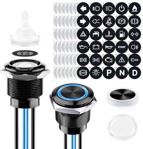 FILN 2 st 22 mm LED-brytare Metall tryckknapp, förkabellad 20A 12-24V DC IP67 lysbrytare Med 185 utbytbara symboler 1NO1NC För bil, båt, krets (blå LED)