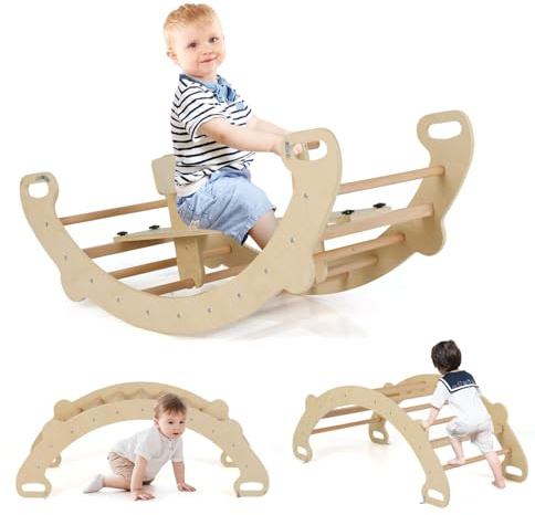 GOPLUS 4 en 1 Arche Escalade Montessori Enfants, Cheval à Bascule en Bois Tunnel Rampant, Siège et Poignée et Dossier Amovibles, pour Bébés 1-5 Ans,Charge 50KG (Bois Naturel,52x112x41CM)