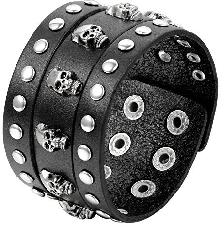 Flongo Leder Echtleder Armband Armreif Manschette Schwarz Silber Nieten Totenkopf Schädel Einstellbar Verstellbar Motorradfahrer Biker Herren